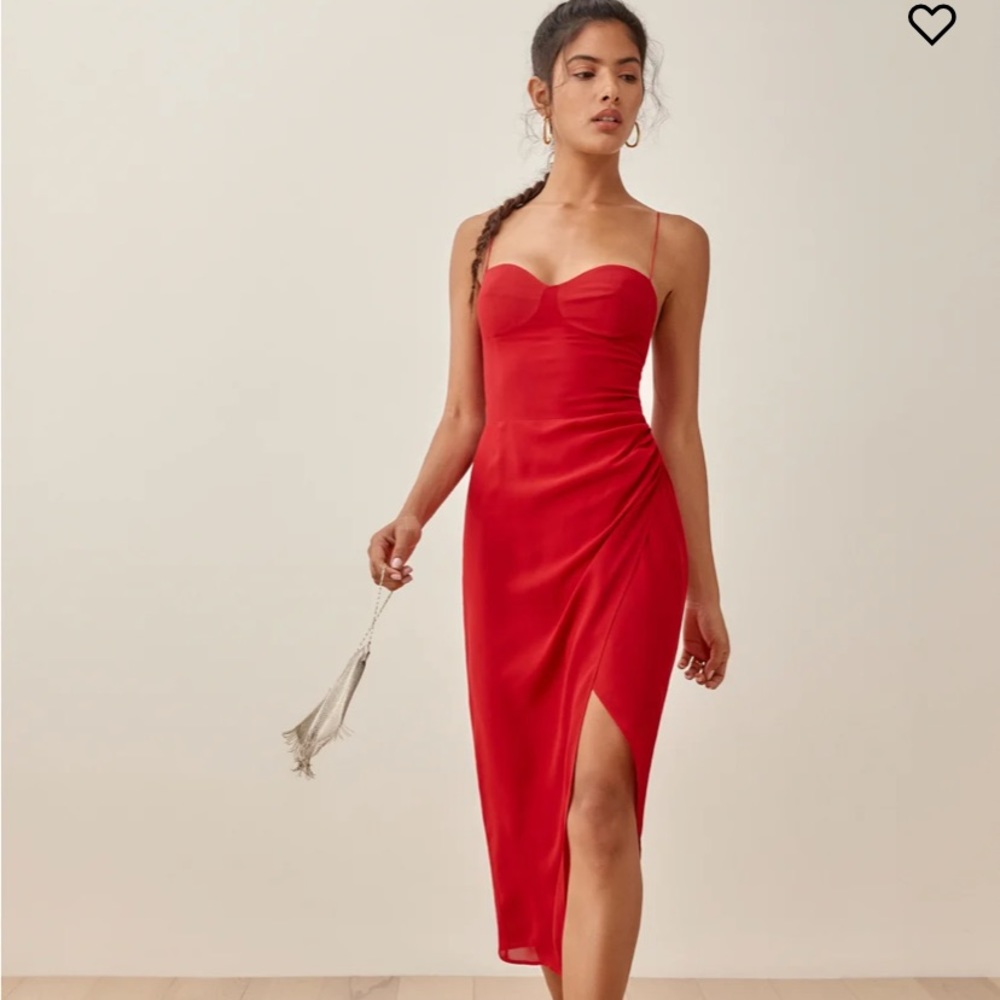 Reformation Red Courtney Midi Slip Dress with Sweetheart Neckline